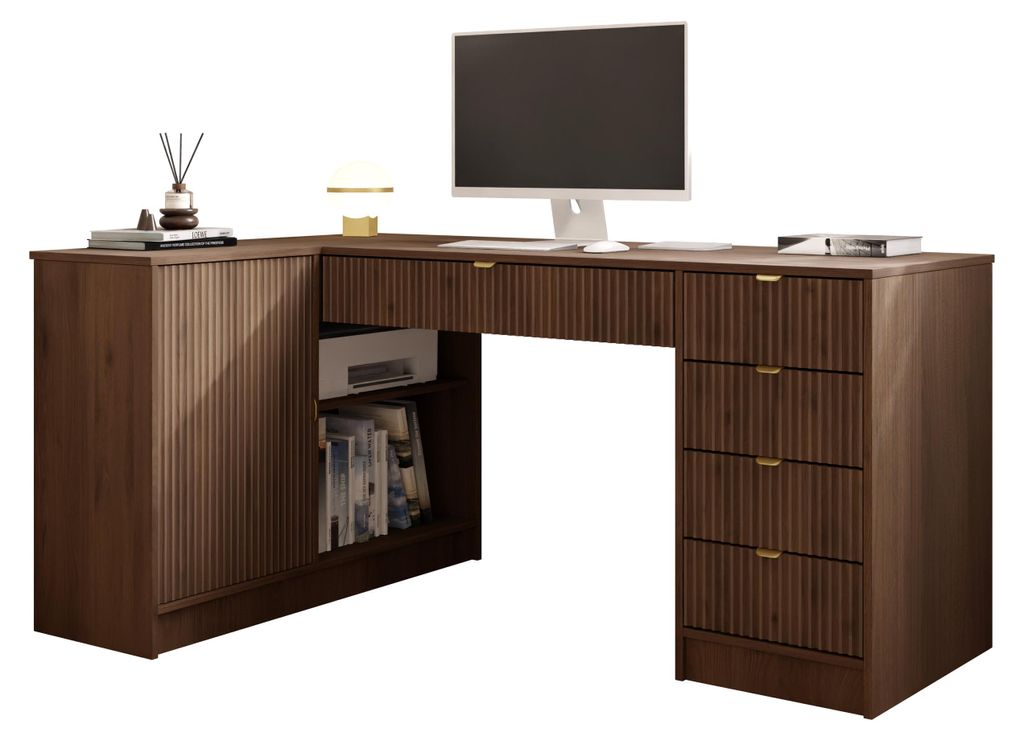 MIRJAN24 Eckschreibtisch / Schminktisch Tireno mit 5-Schubladen, Fronten gefräst, Aluminiumgriffe in der Farbe Gold (Farbe: Nuss Okapi)