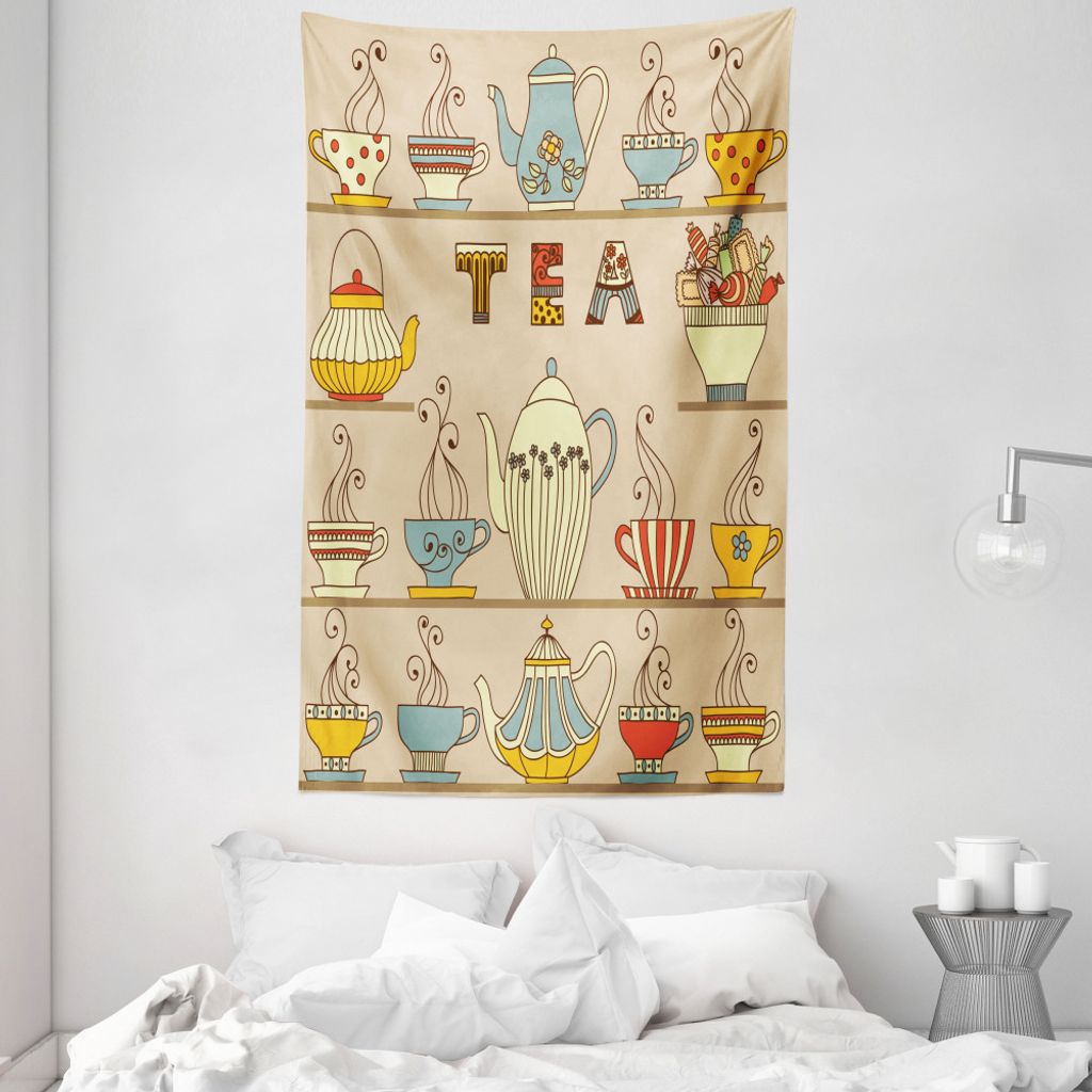 ABAKUHAUS Tee Wandteppich und Tagesdecke, Bunte Retro Ornament Text aus Weiches Mikrofaser Stoff Waschbar ohne Verblassen Digitaldruck, 140 x 230 c...