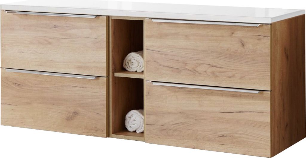 Waschtischunterschrank 141cm mit 4 Auszügen TOSKANA-56 in Wotaneiche und Hochglanz weiß B/H/T ca. 141/59,5/46 cm