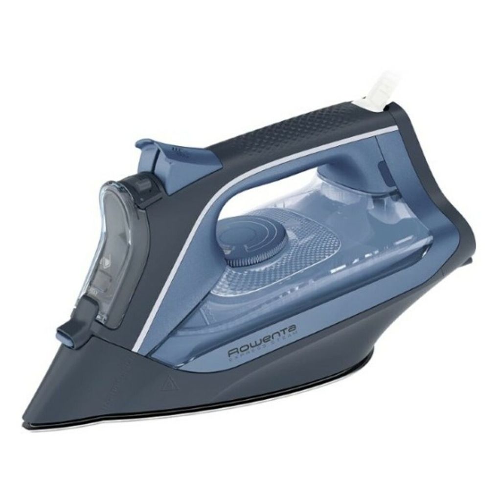 A close-up view of a Rowenta steam iron against a white background.