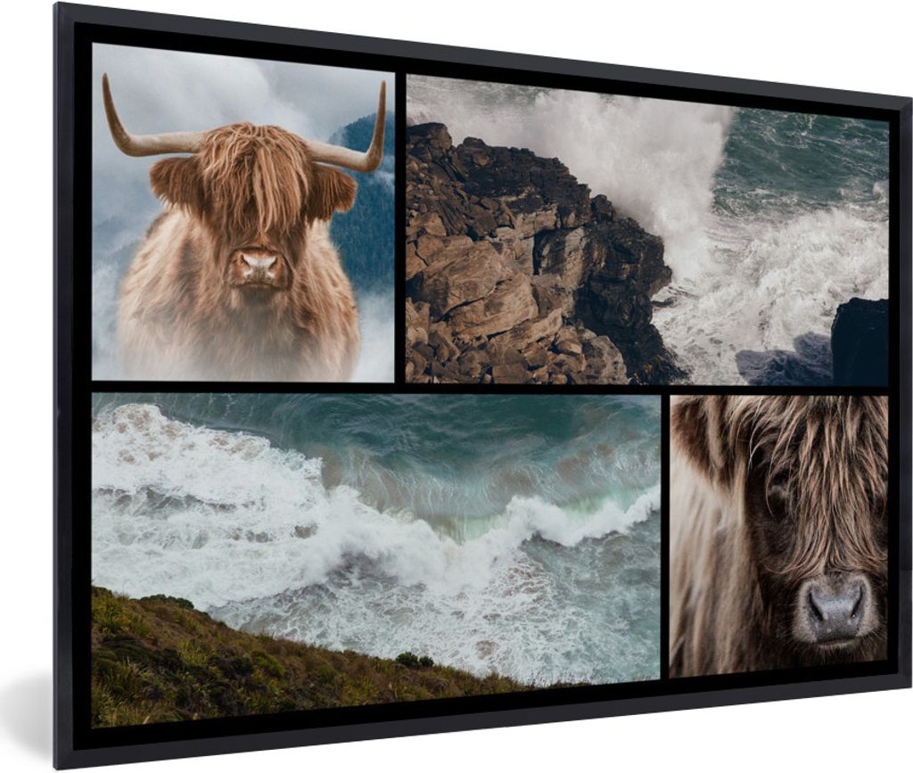 MuchoWow MuchoWow Gerahmtes Poster Schottisches Hochlandrind - Collage - Steine - Meer 30x20 cm - Poster mit zchwarzem Bilderrahmen - Kunstdruc...