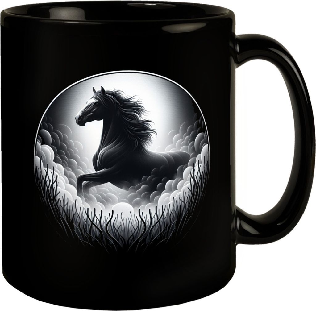 Schwarzes Pferd im Nebel Tasse schwarz in Schwarz