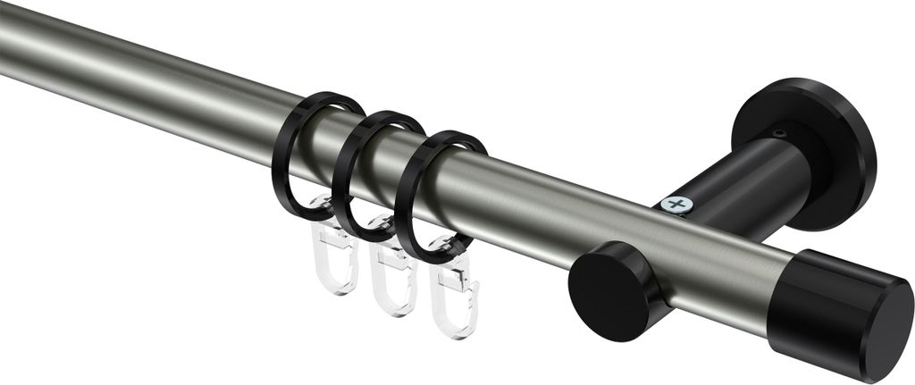 Interdeco Gardinenstange / Vorhangstange Edelstahl-Optik / Schwarz, Typ Platon Santo (Kappe), 20 mm Ø 1-läufig, 160 cm