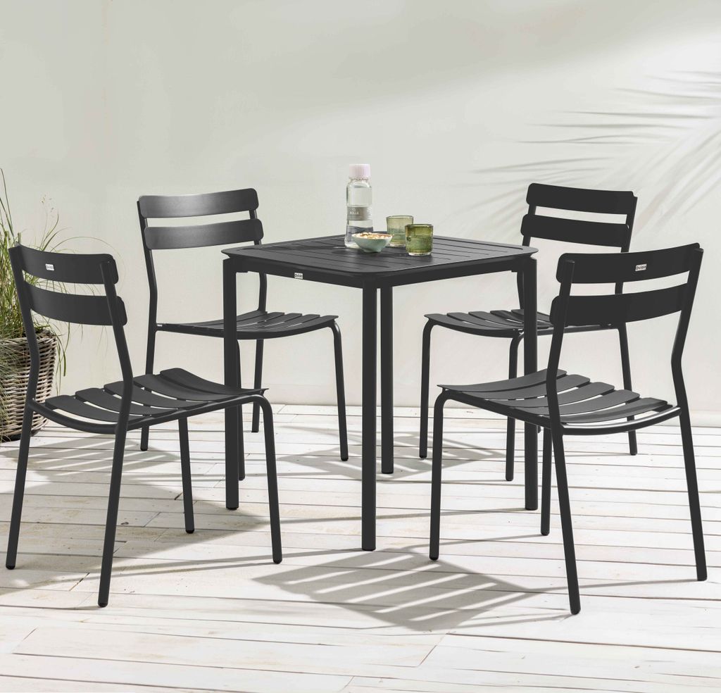 Quadratischer Terrassentisch (70 x 70 cm) und 4 schwarze Stühle - Oviala Almada