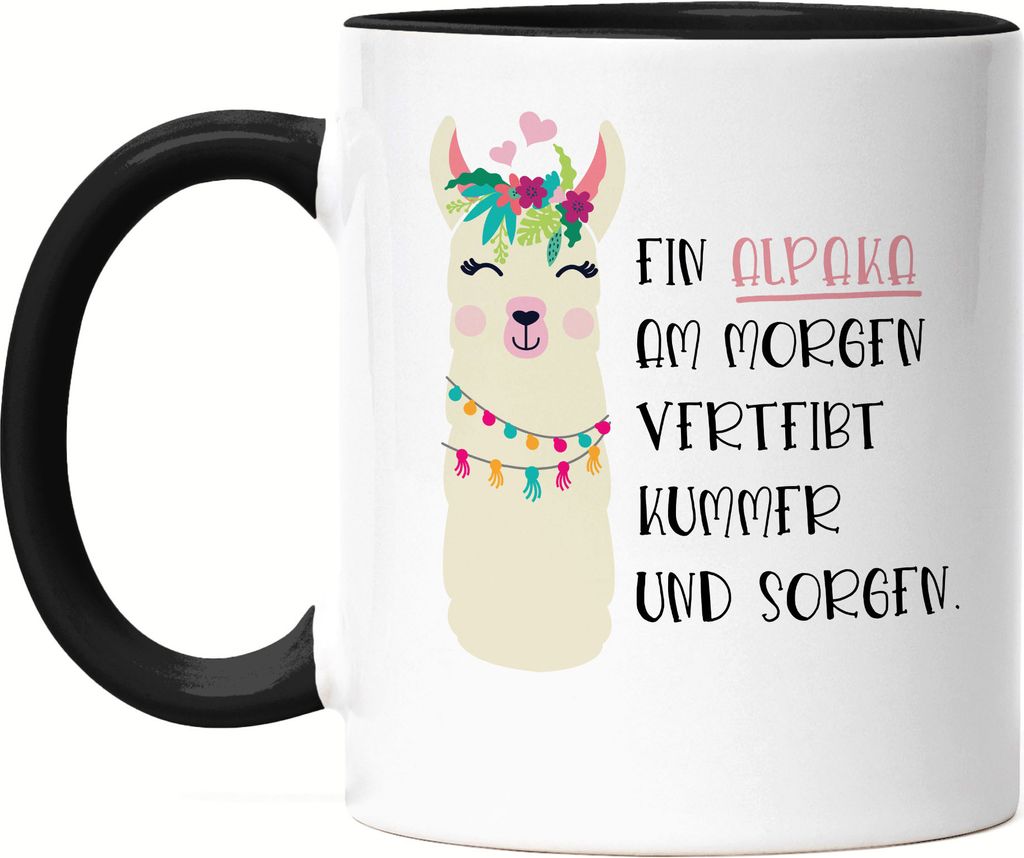 Alpaka Am Morgen Vertreibt Kummer Und Sorgen Tasse Schwarz Süßes Alpaka Motiv Geschenkidee Alpaka-Fans