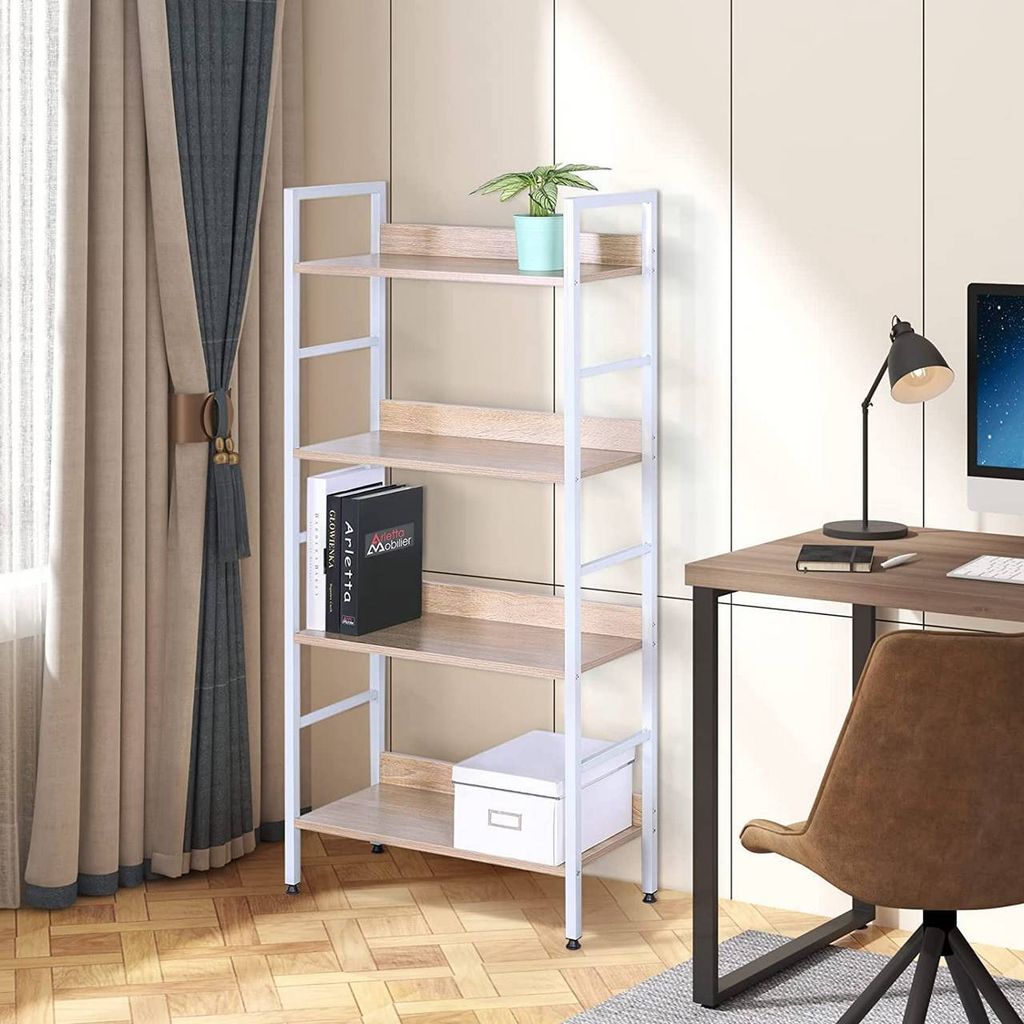 A white and light oak bookshelf with four shelves is shown in a room setting.