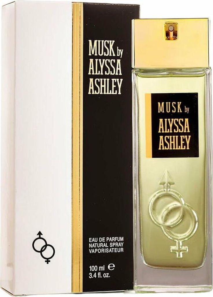 A bottle of Alyssa Ashley Musk Eau de Parfum and its packaging.