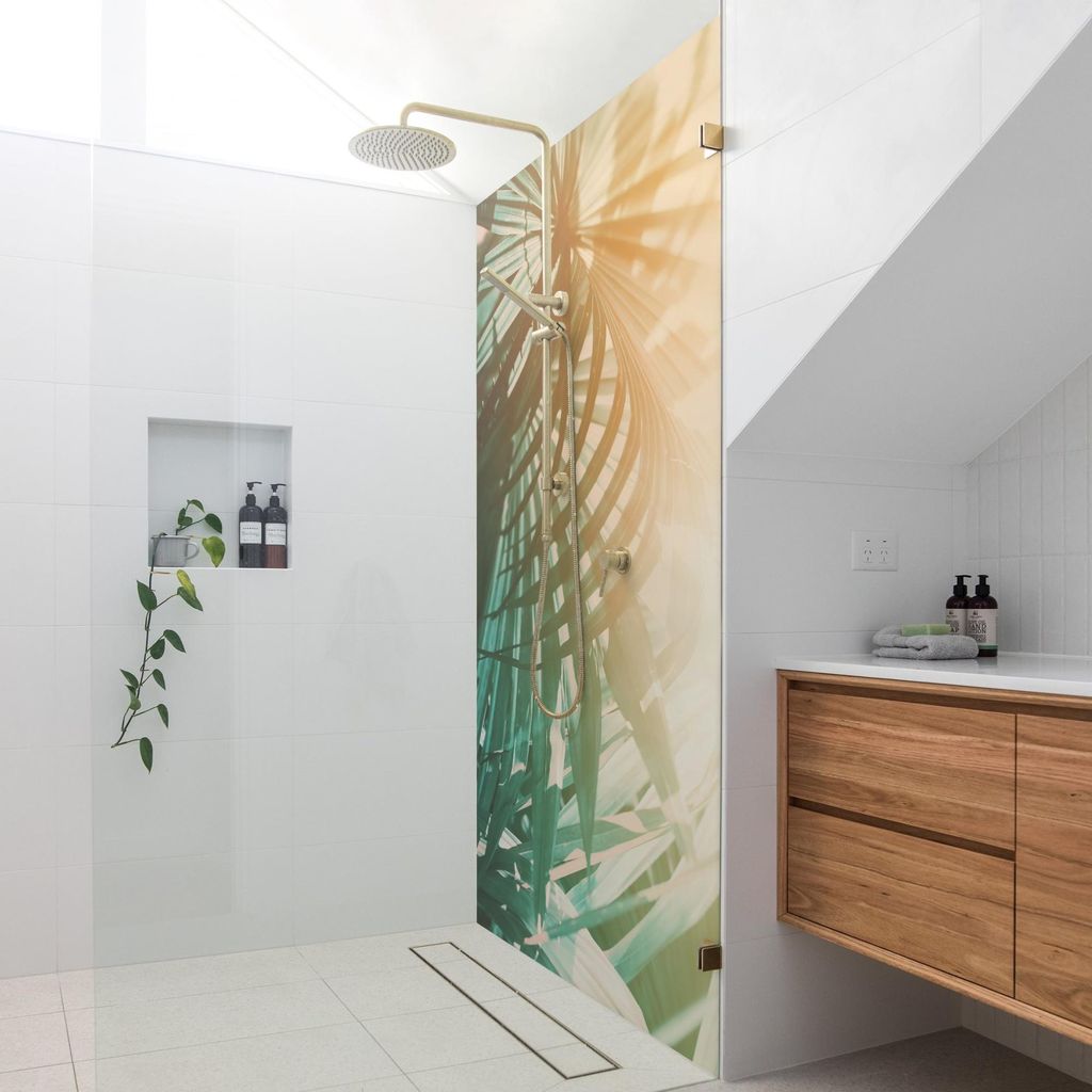 Duschrückwand Natur selbstklebend - 0.35 mm Wandpaneel wasserfest Palme türkis Tropisch Badrückwand fugenlos Smart matt 100x200 cm