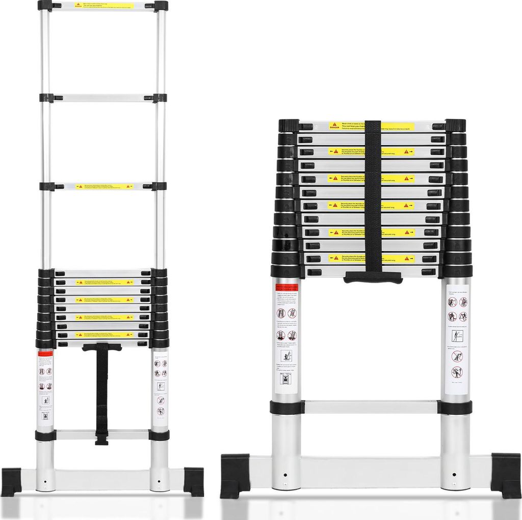 Bettizia Aluminium Teleskopleiter 3,8M, Leiter Ausziehbar mit Stabilisator, Klappleiter, Mehrzweckleiter, Stehleiter, Haushaltsleiter, Außenleiter...
