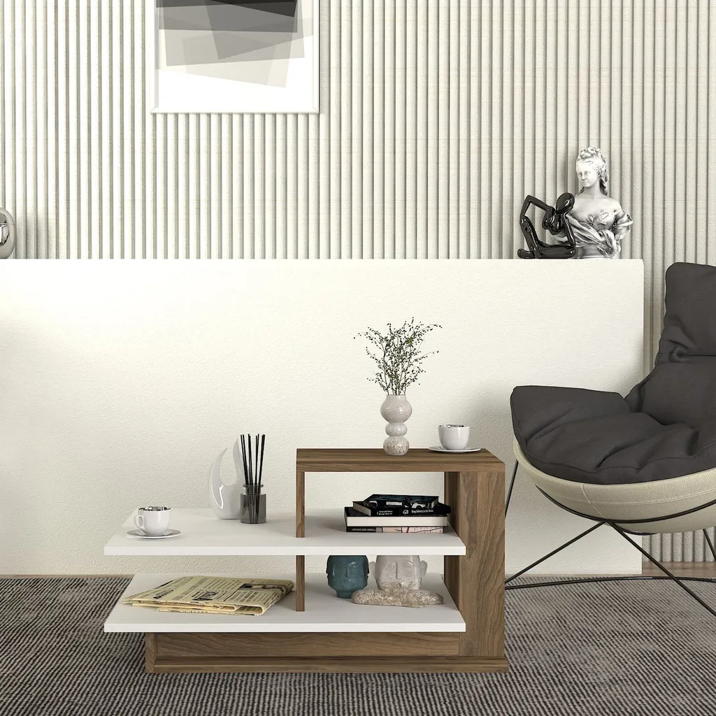 Table basse design Venüs avec rangement intégré blanc et noyer - 5