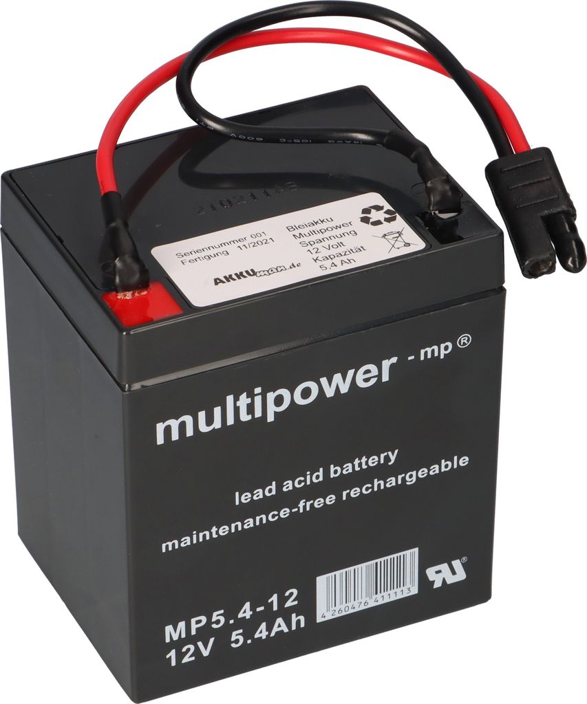 Multipower Blei Akku Gel AGM Technik 12V 5,4Ah mit Stecker für Rasenmäher z.B. Sabo 43-Vario E Toro Briggs Stratton
