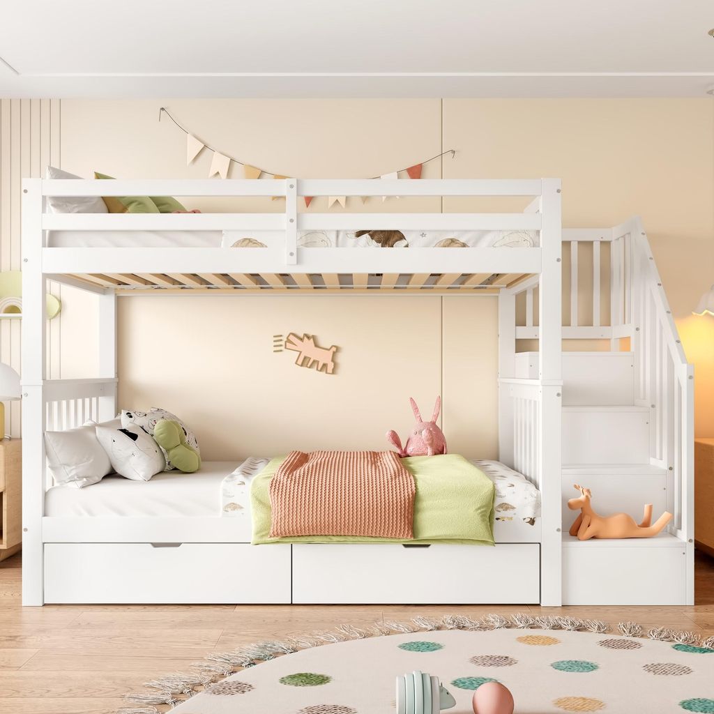 MODFU Etagenbett 90x200 mit 2*Matratze Kinderbett Stockbett Jugendbett mit 2 Schublade,mit Rausfallschutz,Weiß