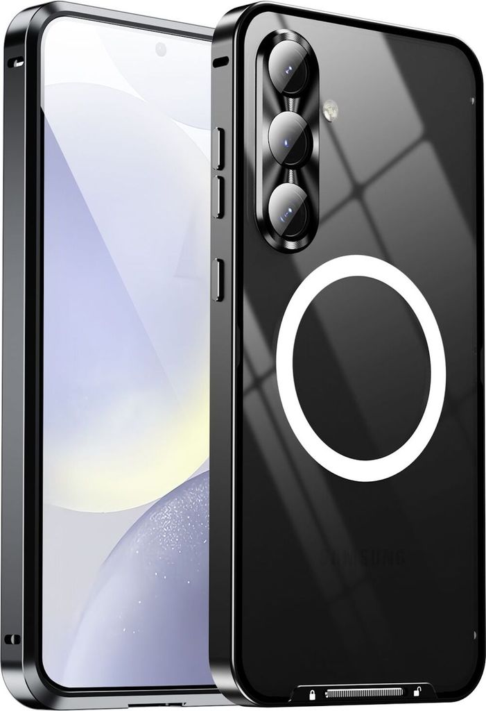 A black phone case with a silver frame is shown diagonally against a black background.