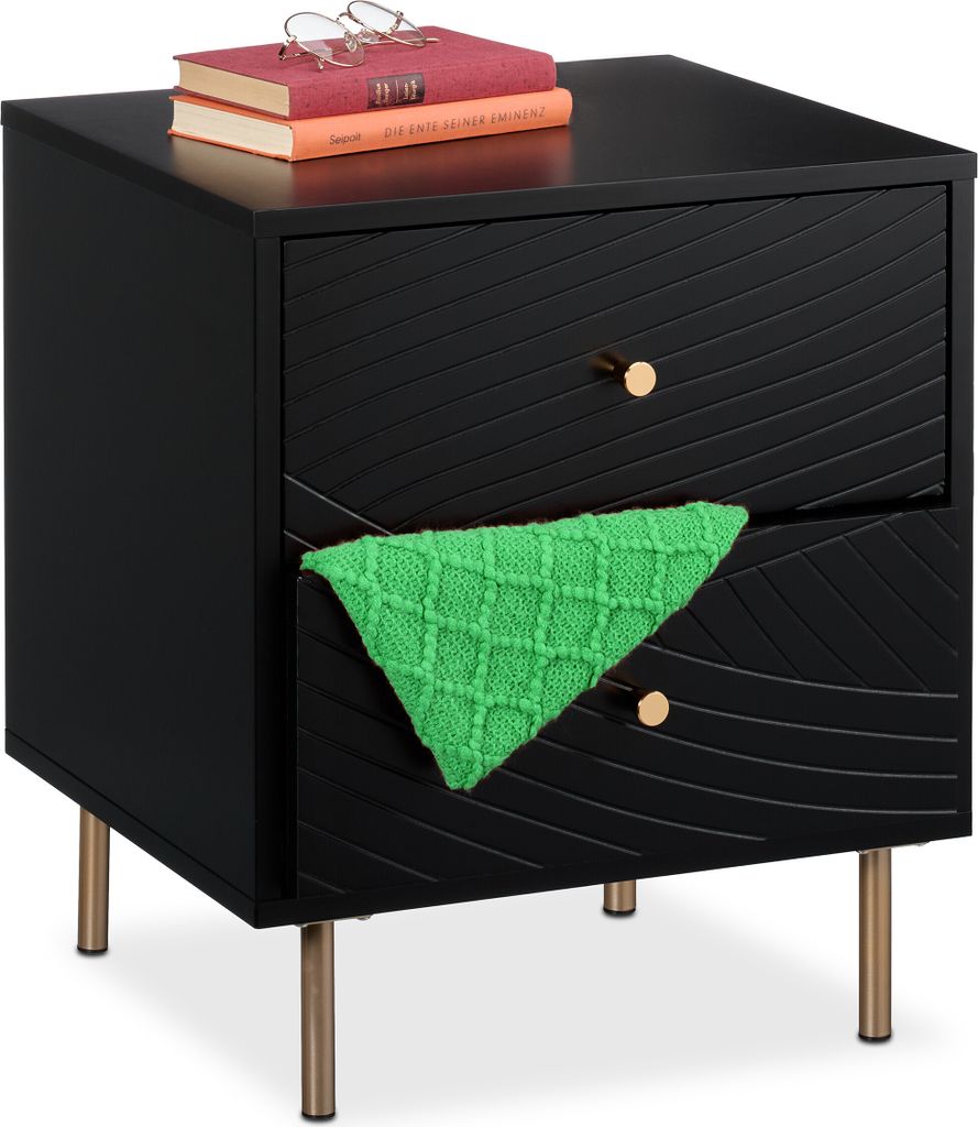 Relaxdays Nachttisch, 2 Schubladen, Nachtschrank Schlafzimmer, Beistelltisch, Nachtkasten, HBT 52x45x40 cm, schwarz/gold