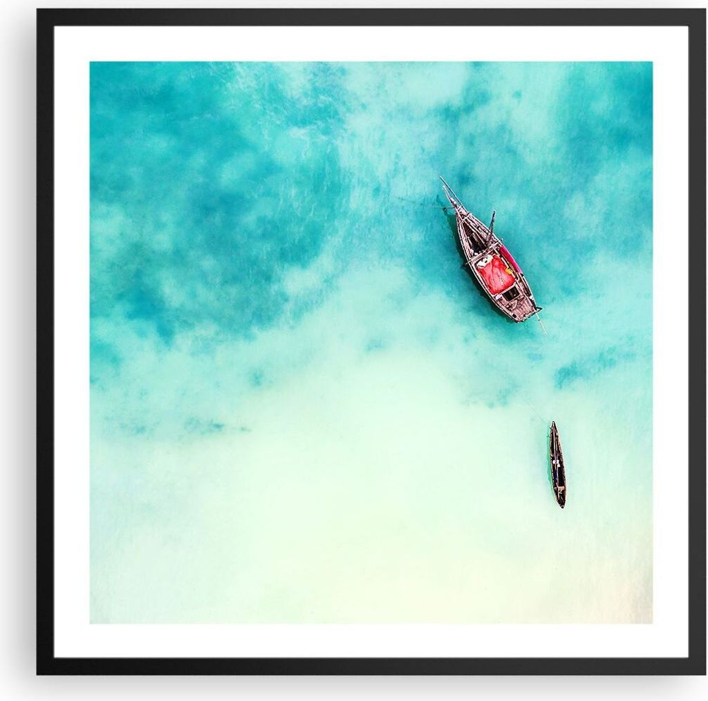 Gerahmtes Poster - Schwarzer Rahmen - Insel Boot Schiff Ozean - 60x60 cm - Wand Bild - Wanddeko - Wandbilder - Wandposter - Bilderrahmen - Bilder -...