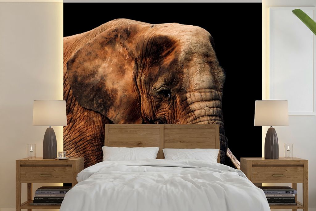 MuchoWow Fototapete für Wohnzimmer oder Schlafzimmer Wandtapete Vinyl Motivtapete Elefant - Tiere - Braun - 300x300 cm - Wanddekoration
