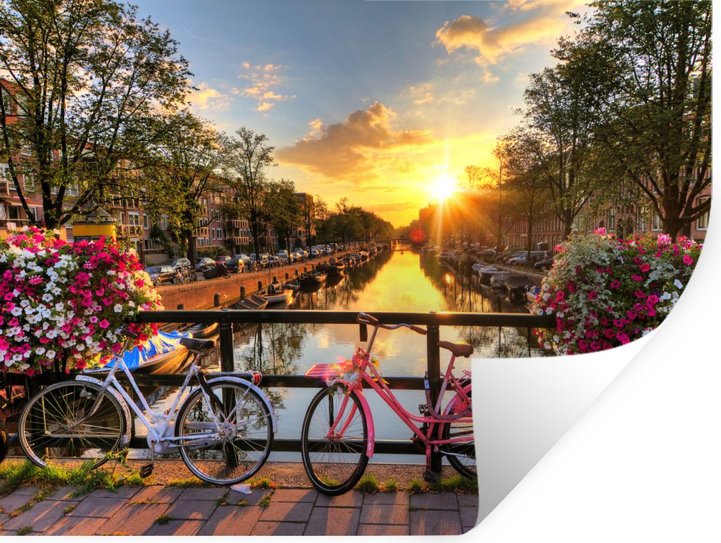 MuchoWow Wandtattoo Wandsticker Wandaufkleber Amsterdam - Blumen - Brücke - Fahrrad - Sonnenuntergang 40x30 cm Selbstklebend und Repositionierba...