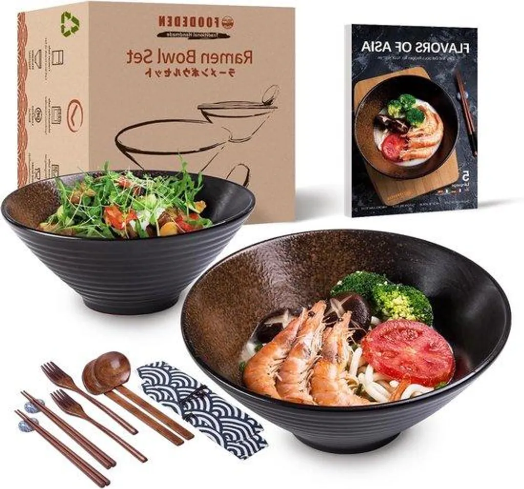 Lot de 2 Bols à Nouilles en Céramique Japonaise 1500ml avec Cuillères