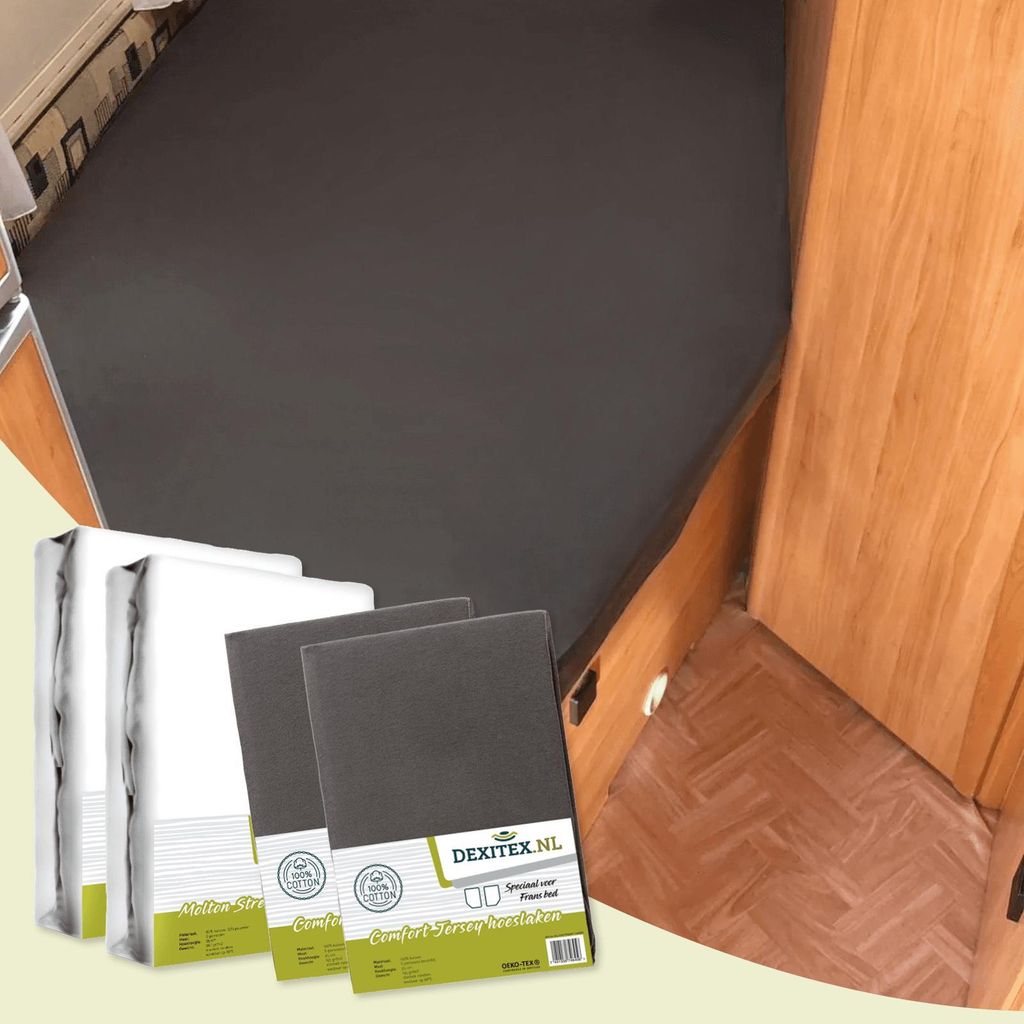 Dexitex Spannbettlaken Wohnmobil 4er Set- 2 Spannbettlaken + 2 Molton - französische Bettwäsche Matratze Wohnmobil - Rechts - Multifit, Weiß/Ant...