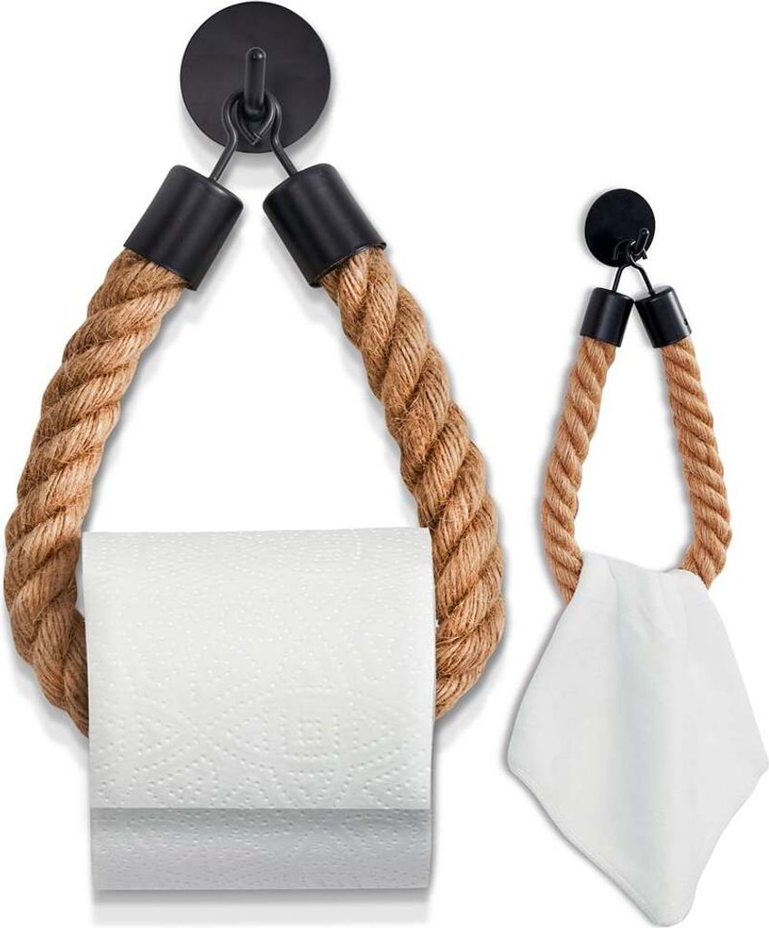 HENNEZ Toilettenpapierhalter ohne Bohren - Naturjute-Seil - stylish, mattschwarz
