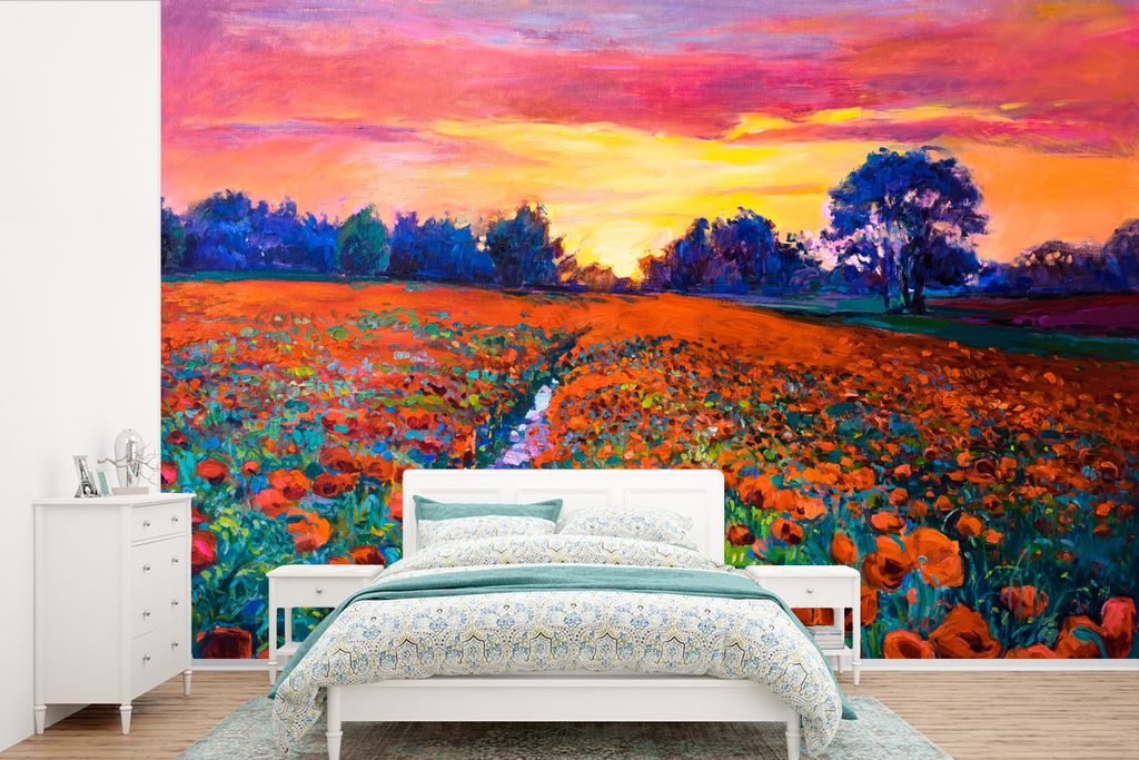 MuchoWow Fototapete für Wohnzimmer oder Schlafzimmer Wandtapete Vinyl Motivtapete Malerei - Natur - Blumen - Ölfarbe - 330x220 cm - Fototapeten