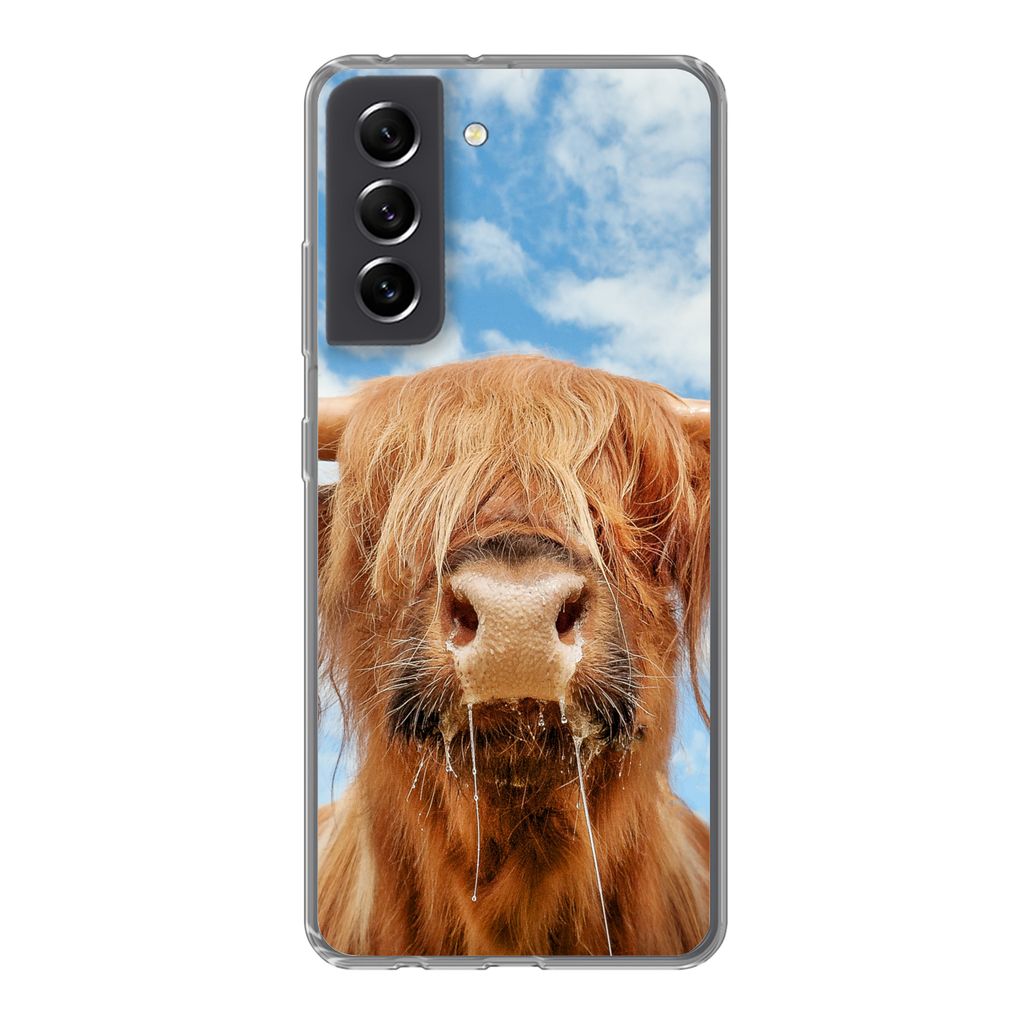 MuchoWow Handyhülle Schutzhülle Hülle für Samsung Galaxy S21 FE Schottischer Highlander - Wolke - Tiere Silikon Softcase Handy Hülle - Mobil...