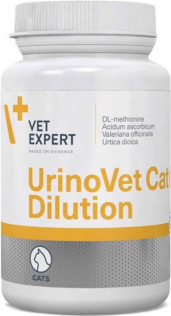 A white bottle of cat supplement with yellow and gray labeling.