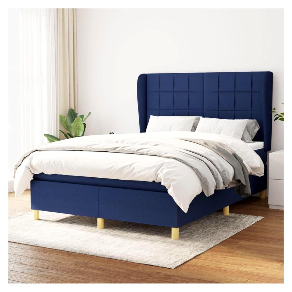 Lattenrost mit Matratze, blau, 140 x 200 cm, Stoff, Plattformbett, mit Lattenhalter, einfache Montage, für Schlafzimmer, Erwachsene