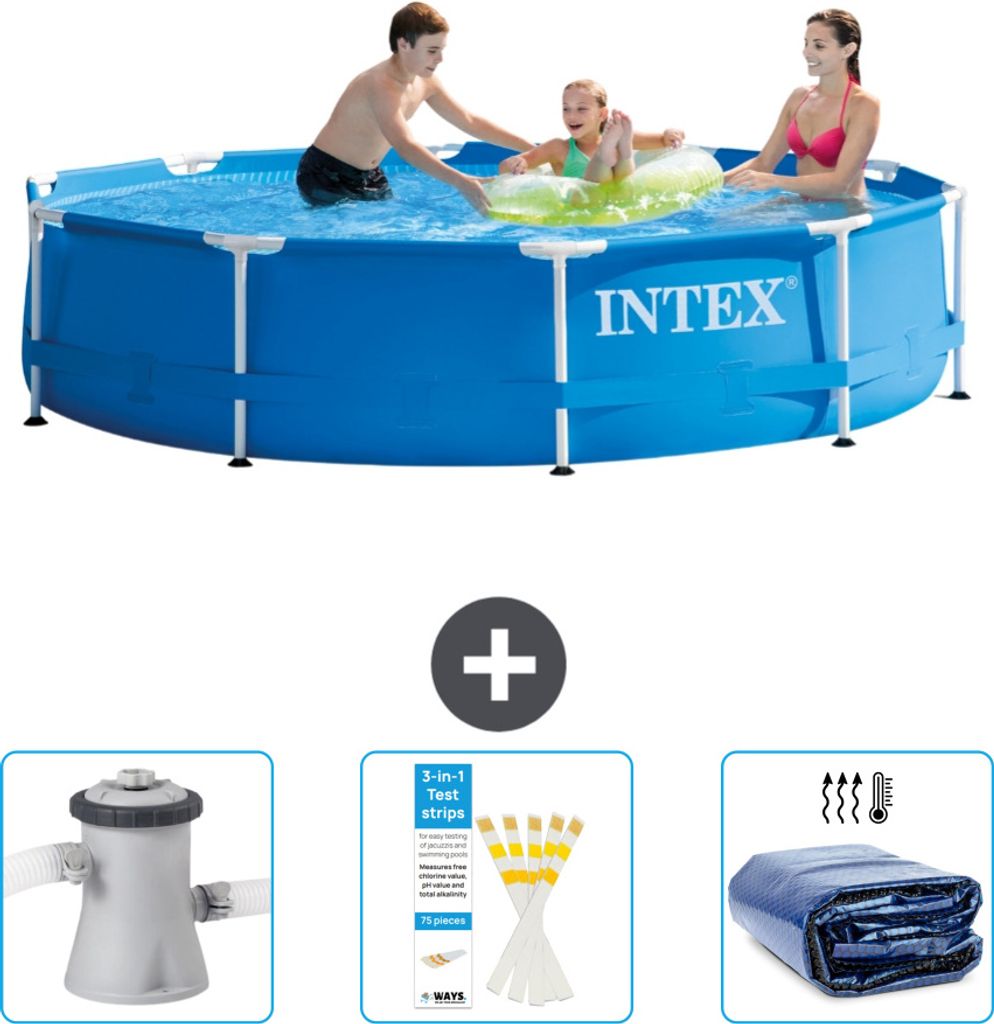 Intex-Schwimmbecken mit rundem Rahmen – 305 x 76 cm – Blau – im Lieferumfang enthalten Filterpumpe für Schwimmbad - Teststreifen - Sonnensegel