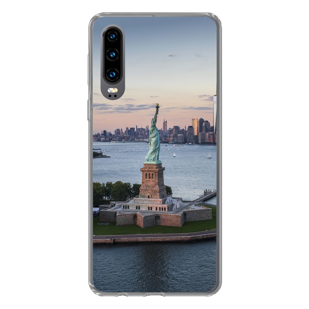 MuchoWow Handyhülle Schutzhülle Hülle für Huawei P30 New York - Freiheitsstatue - Skyline Silikon Softcase Handy Hülle - Kartenbesitzer
