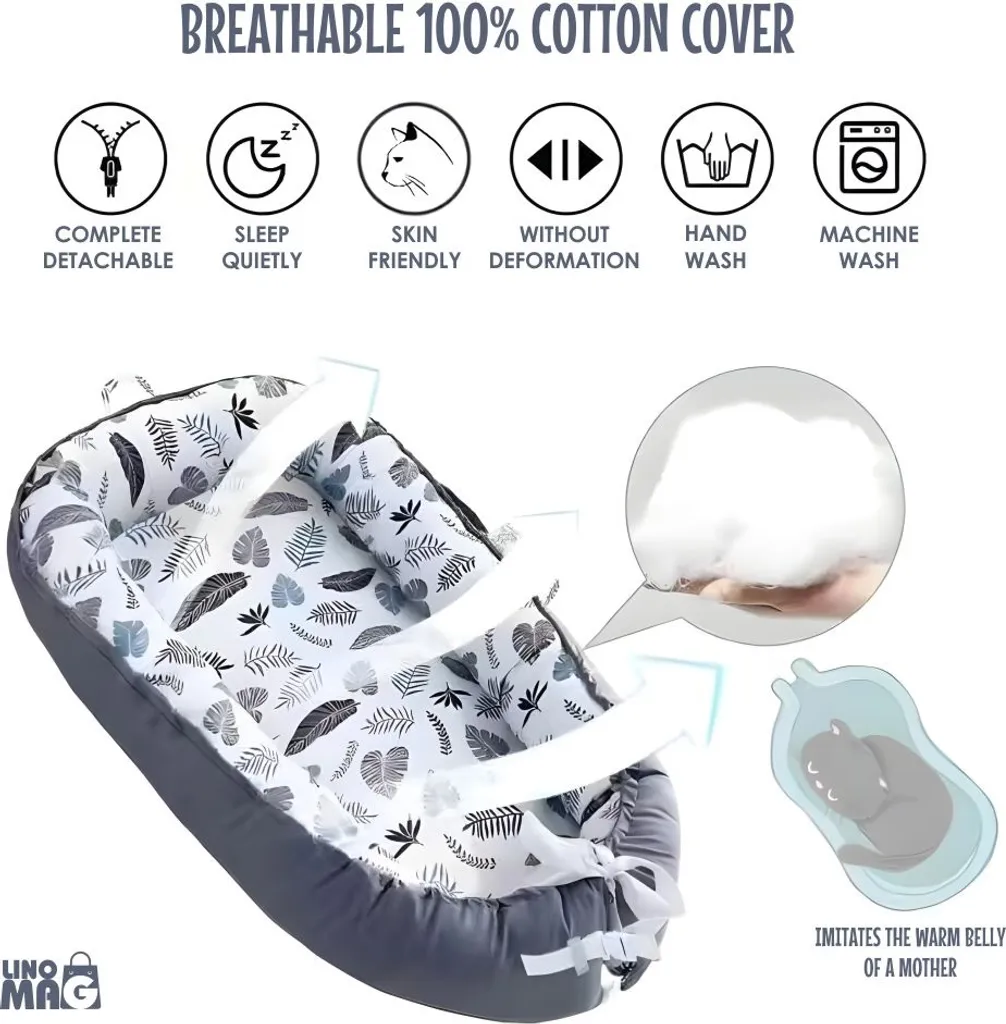 Nid de bébé réversible en coton, confort et sécurité, 90x55 cm gris