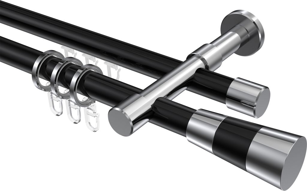 Interdeco Rundrohr-Innenlaufstange / Gardinenstange (Kombination) Schwarz / Chrom, Typ Prestige Tanara (Konus Bicolor), 20 mm Ø 2-läufig, 140 cm
