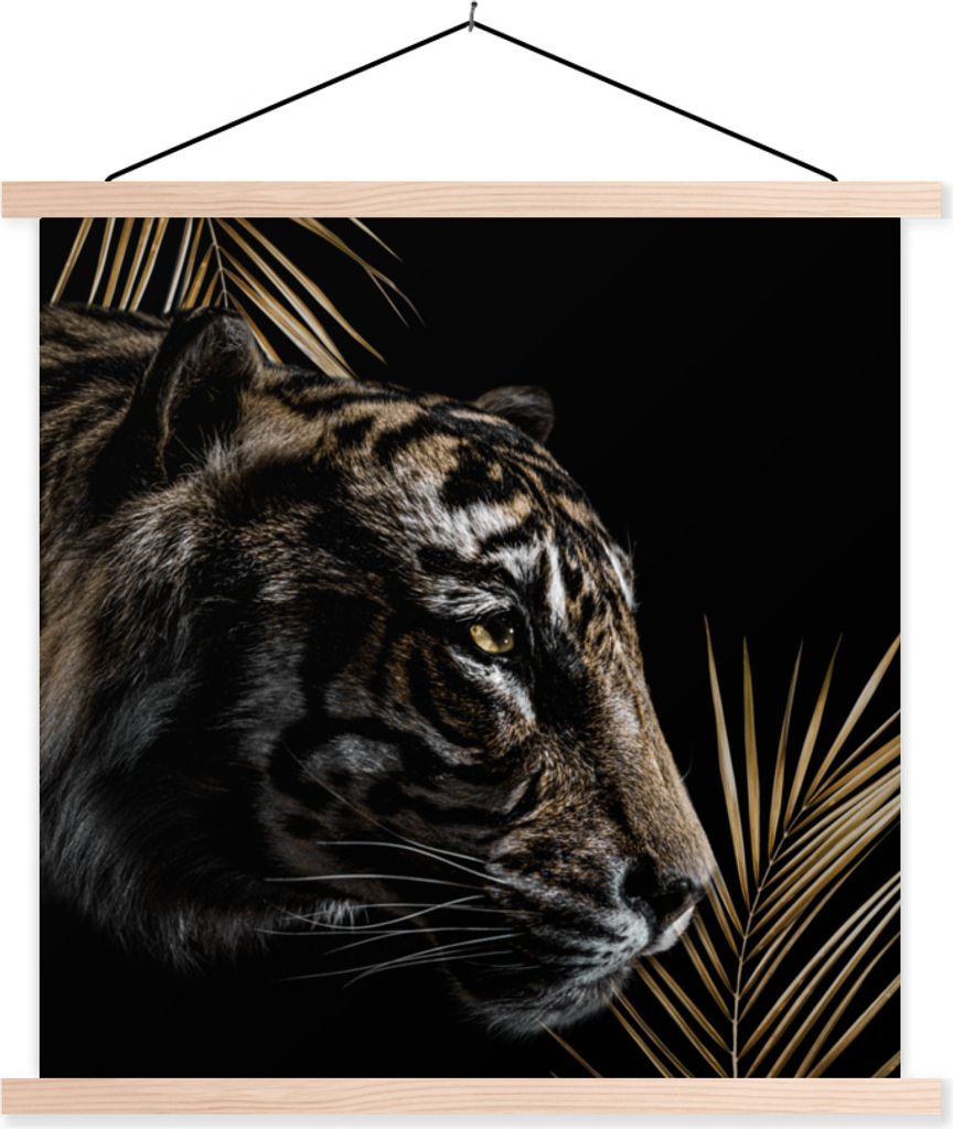 MuchoWow Textilposter Tiger - Farn - Schwarz 120x120 cm mit holzfarbenen Rahmen - Textil-Poster
