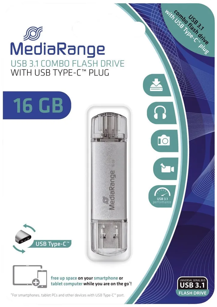 MediaRange 16GB USB 3.1 Combo Tipo-C | Chiavetta OTG Doppia Interfaccia