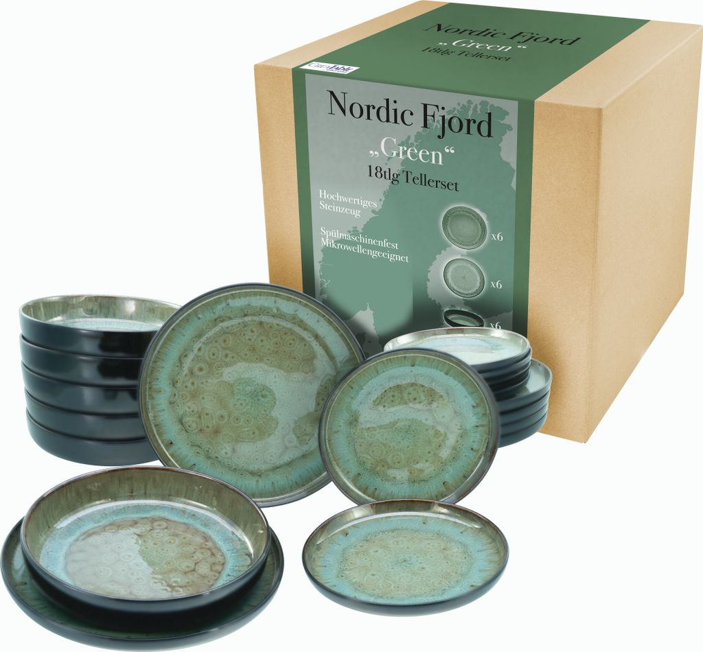 A set of Nordic Fjord Green stoneware plates and bowls, with a product box in the background.