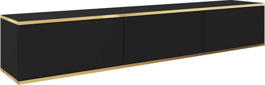 A black TV cabinet with gold trim, shown from a side angle against a white background.