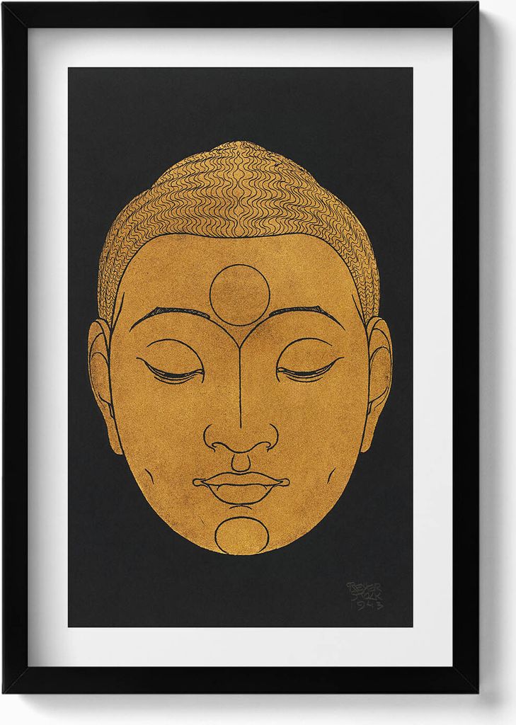 Goldener Buddha-Kopf– Wandbild mit Rahmen – Gerahmtes Bild – Wanddekoration – 40x60 cm – Schwarz