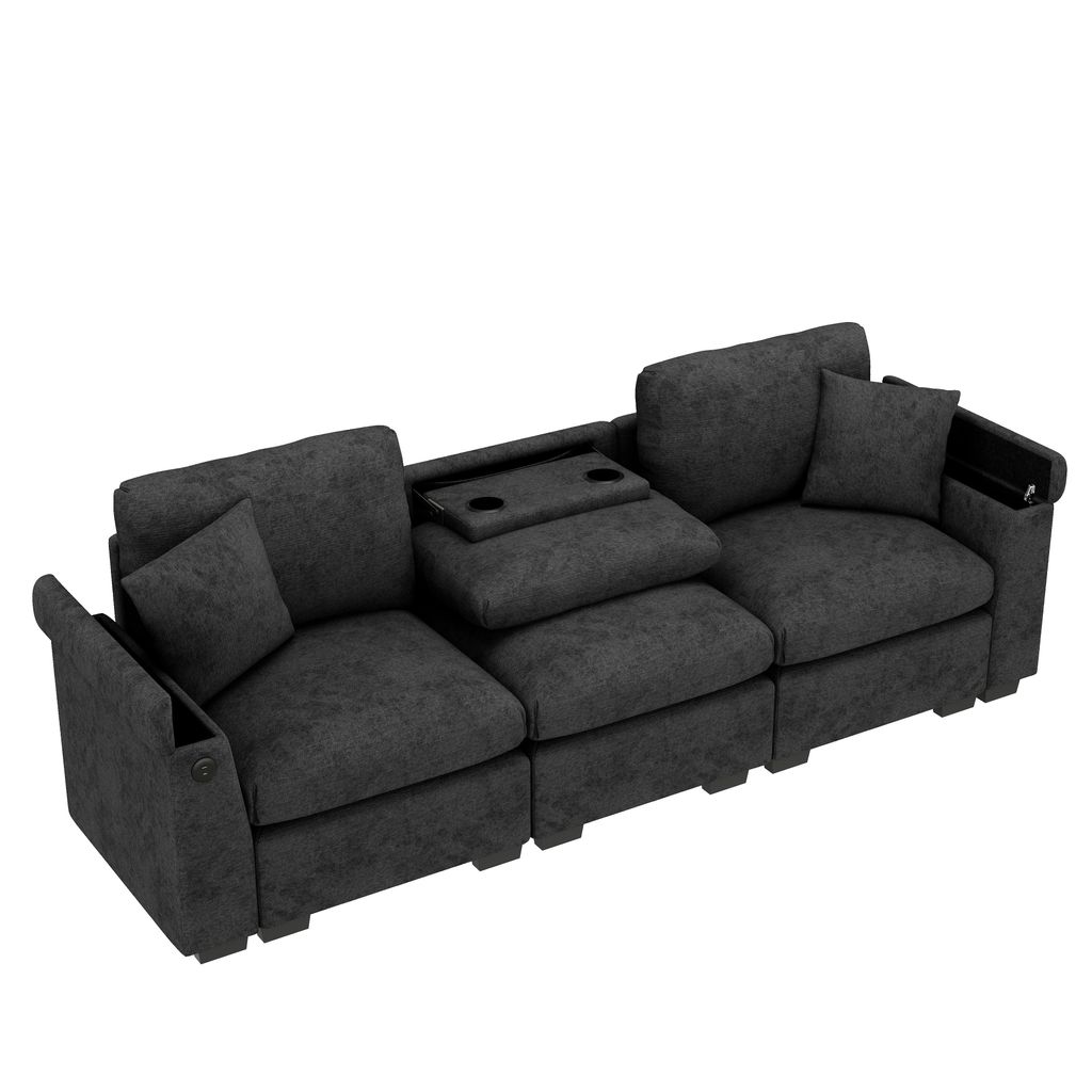 3-Sitzer Sofa mit Klapptisch, Mehrfachsteckdosen, Zierkissen, Rückenkissen, Getränkehalter, USB und Type-C, Big-Sofa, Ecksofa, L-Form, Chenille