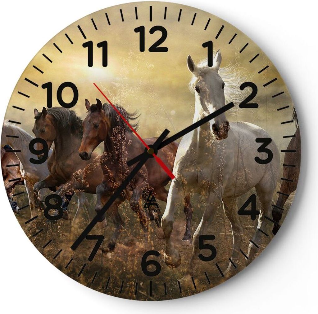 Wanduhr - Rund - Glasuhr - Pferd Tier Natur - 40x40cm - Schleichendes Uhrwerk - Lautlos - zum Aufhängen bereit - Dekoration Modern - Wanddekoratio...