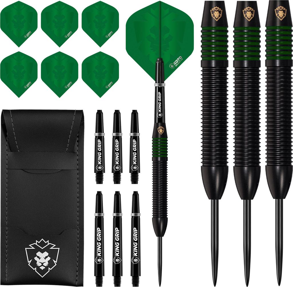 KOTO - Kingprove Black & Green Brass Darts Darts 22 G, Grün, Darts Set inkl. 3 Barrels,Flights + Shafts & Dartwallet, Fester Ringgrip