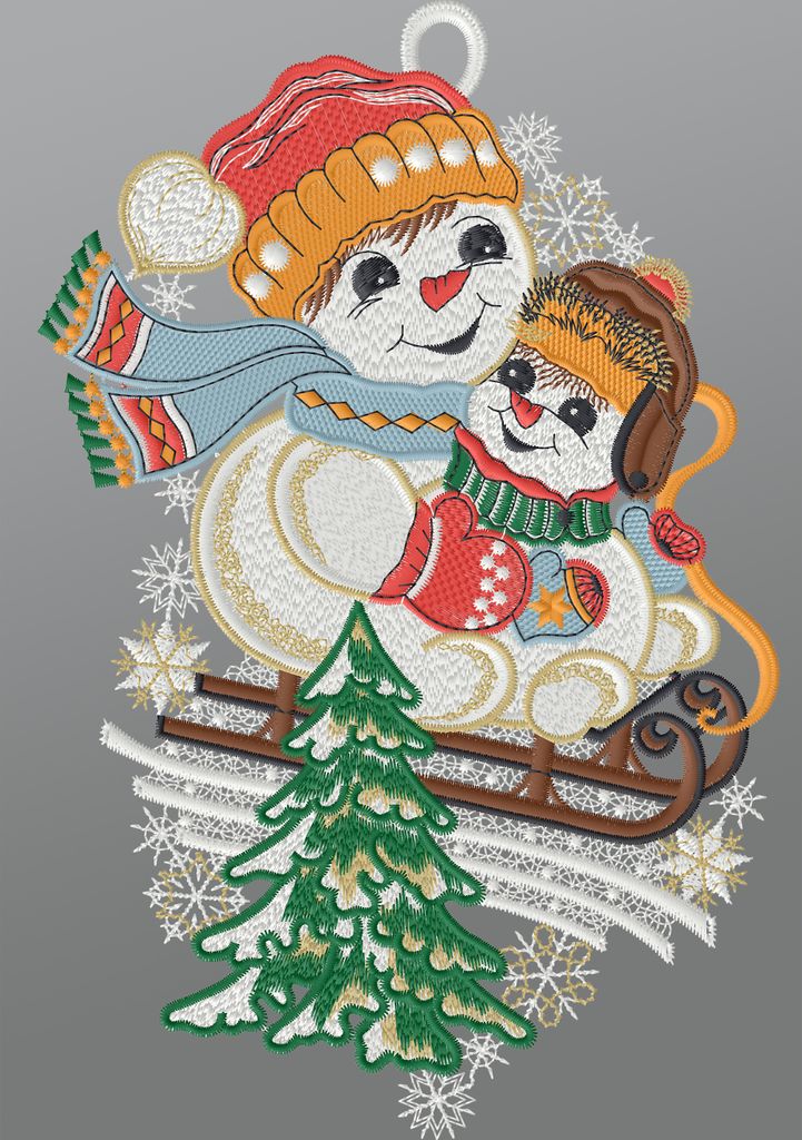 Fensterbild aus Plauener Spitze - Schneemannkinder auf dem Schlitten (BxH) 20cm x 30cm, mehrfarbig, Fensterdekoration und Fensterschmuck