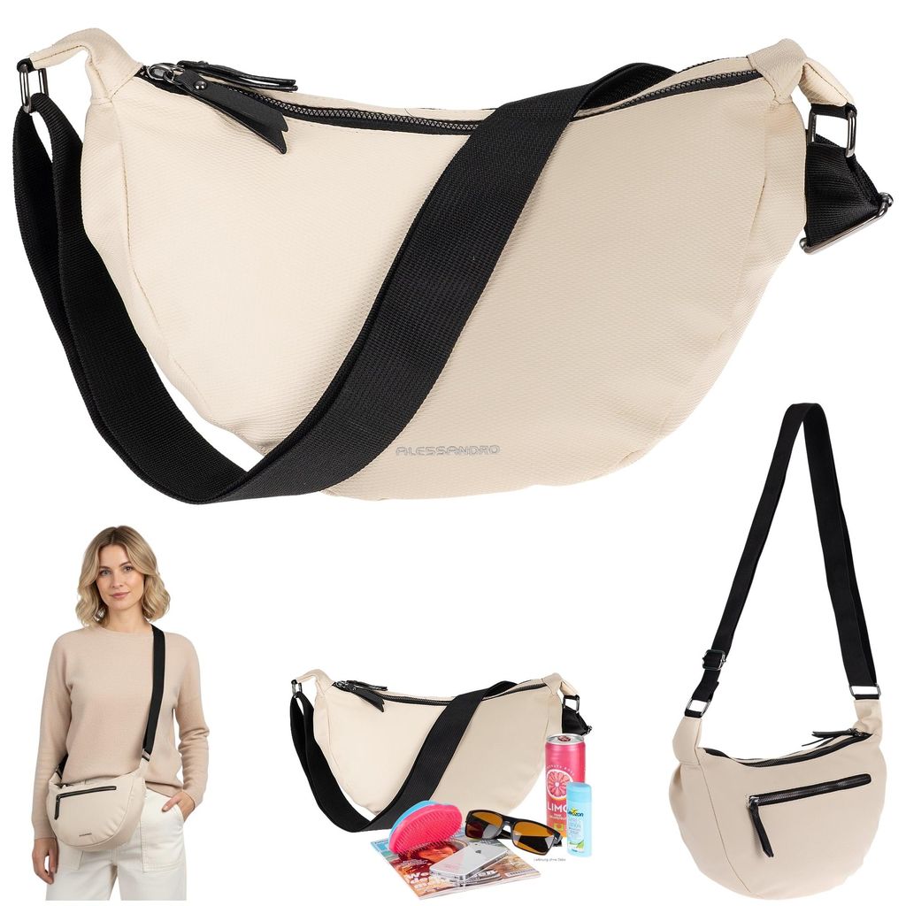 Handtasche Damen Schultertasche Freizeittasche Mond Form Tasche Bag Moon Schlinge Slingbag Alessandro Sarah Crossbody 4431 Vanille Beige + Etui