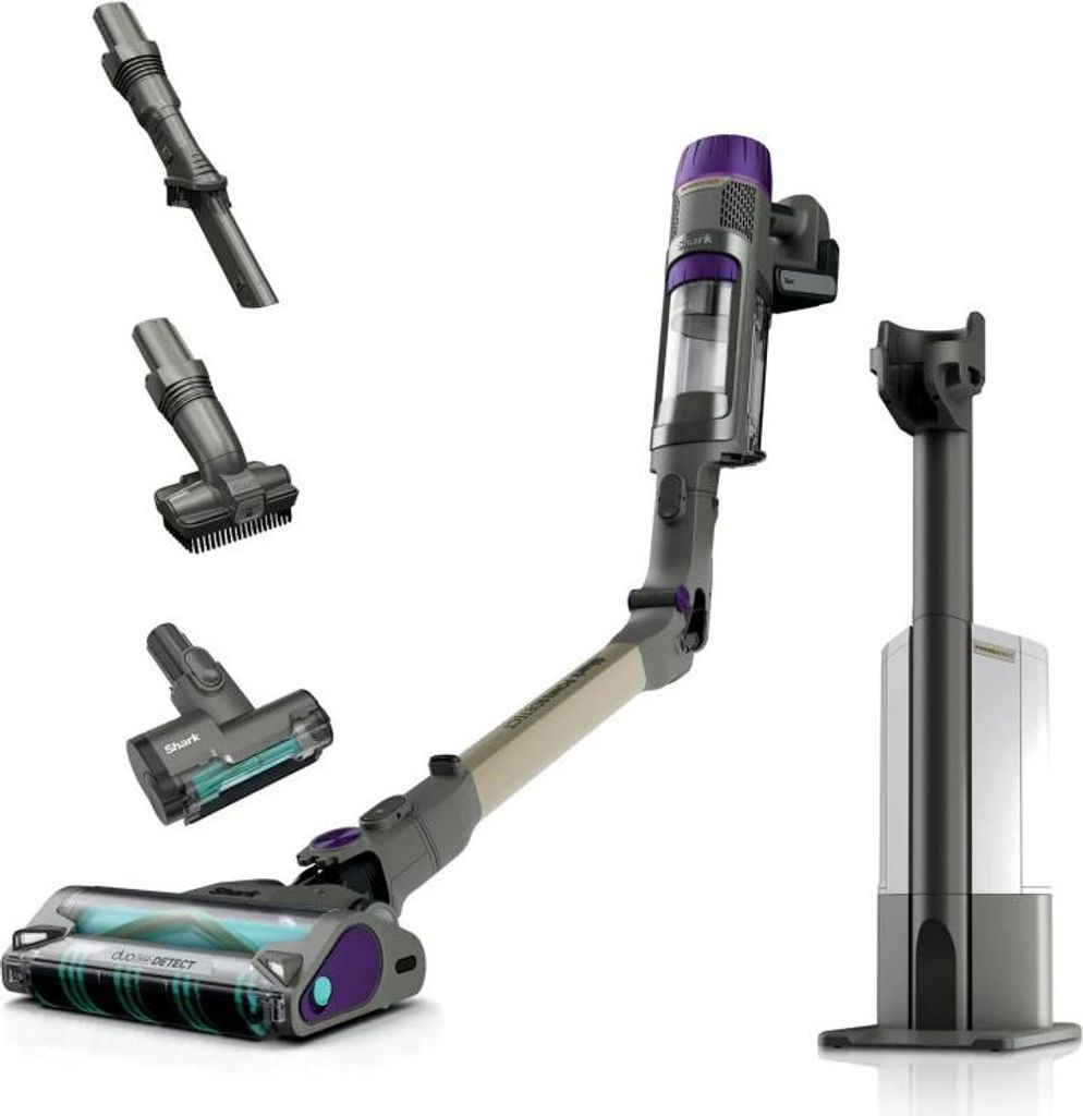 A cordless stick vacuum cleaner and its accessories are displayed against a white background.