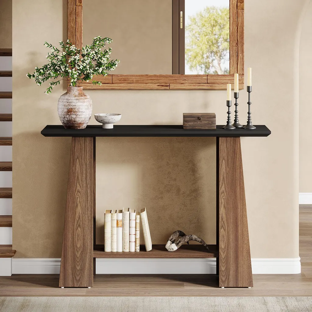 Table console Tribesigns 120cm, console d'entrée bois à deux niveaux - 5