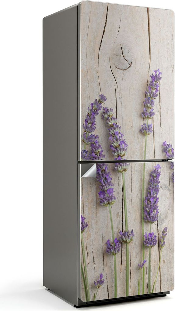 Lavendelblüten auf Holzhintergrund – Kühlschrank Aufkleber – Klebefolie Kühlschrank – Kühlschrank Nachbildung – Kühlschrankfolie selbs...