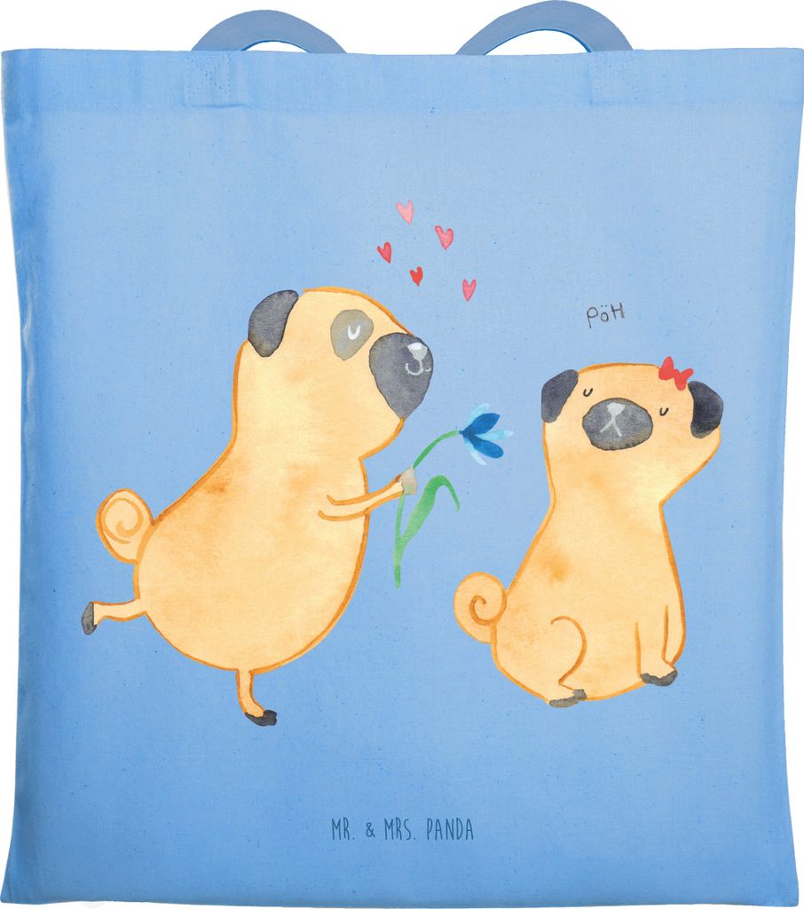 Mr. & Mrs. Panda Shopping Tasche Mops Verliebt - Sky Blue - Geschenk, Möpse, Tote Bag, canvas, Laptoptasche, Liebe, Schultasche, Hund, Sprüche, K...