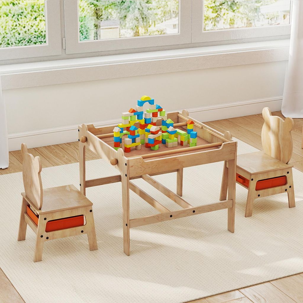 COSTWAY Kindertisch, 4 in 1 Maltisch mit 2 Stühlen, doppelseitigem Tafel&2 Stoffschubladen, 3 TLG. Kindersitzgruppe aus Holz, Aktivitätstisch Kinder