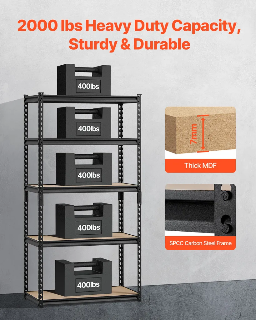 Rayonnage de Garage 5 Tablettes Modulables en Acier Noir VEVOR