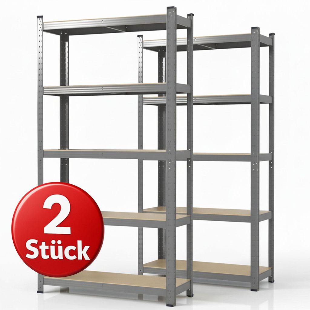 Karat Schwerlastregal Lakota, 2er Set Metallregal mit 5 Böden, 875 kg Traglast, Steckregal für Keller, Garage & Werkstatt – Grau 200x100x50 cm