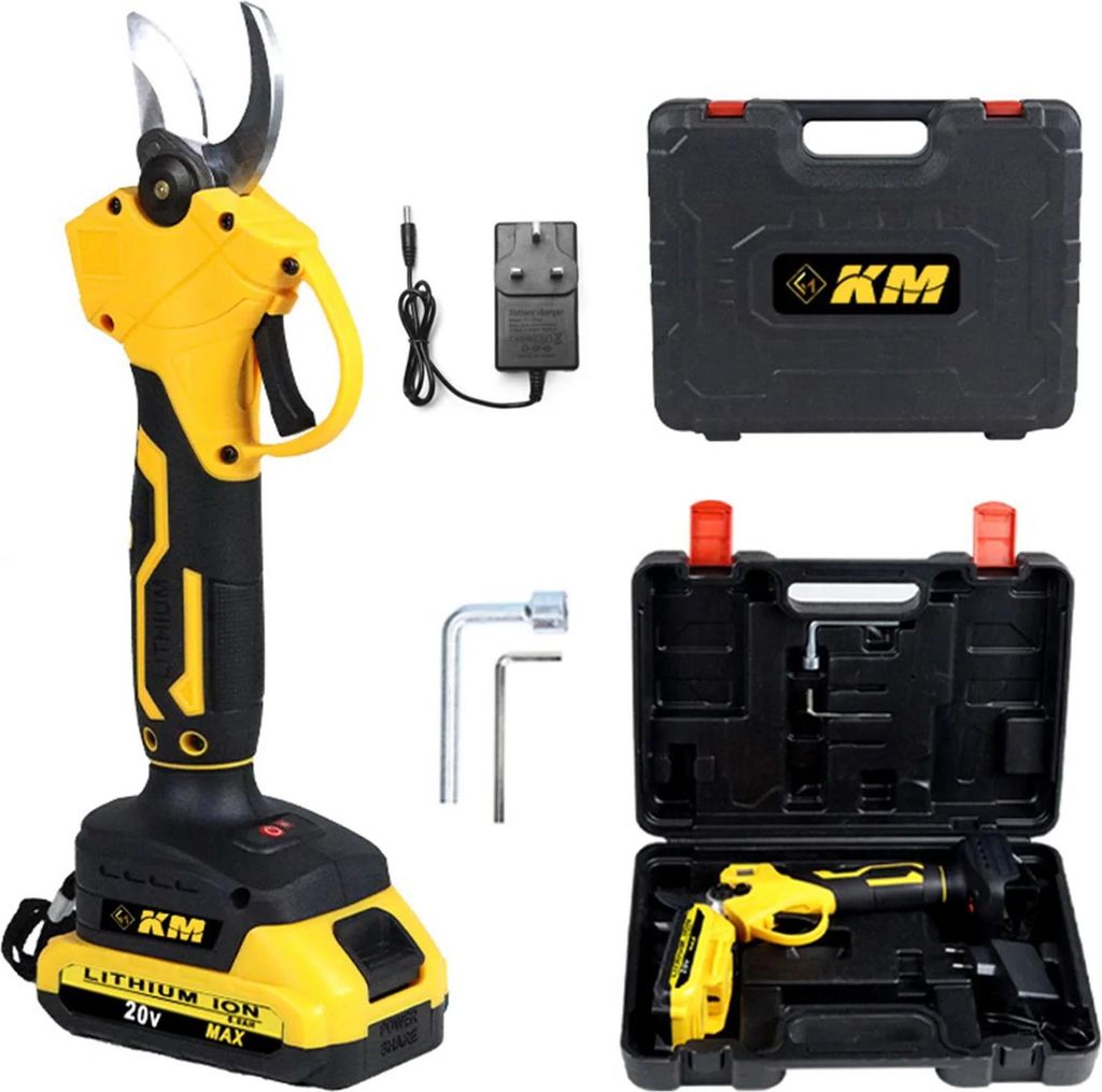 Akku Gartenschere - Bürstenlose elektrische Astschere - 1500 W - Wiederaufladbar mit 2 Akkus - LED Display 220V EU Stecker - Gelb